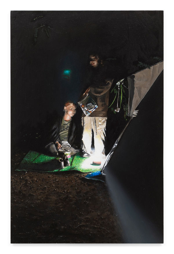 TIM HAWKINSON Clare and Liv Camping, 2021 Oil on panel 10 7/8 x 7 1/4 inches 27.6 x 18.4 cm