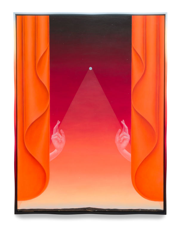 EMILY WEINER Marionettist, 2025 Oil on linen in painted wood frame 61 1/2 x 46 1/2 x 2 inches 156.2 x 118.1 x 5.1 cm