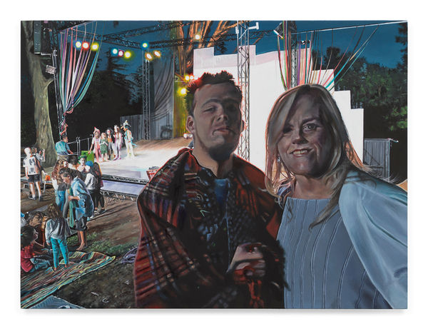 TIM HAWKINSON Karla and Max at Shakespeare in the Park, 2024 Oil on panel 8 7/8 x 11 7/8 inches 22.5 x 30.2 cm