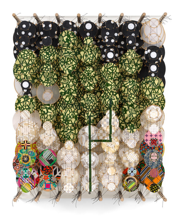 JACOB HASHIMOTO The plot of one’s own destruction, 2025 Acrylic, paper, bamboo, wood, and Dacron 32 x 26 x 8 1/4 inches 81.3 x 66 x 21 cm