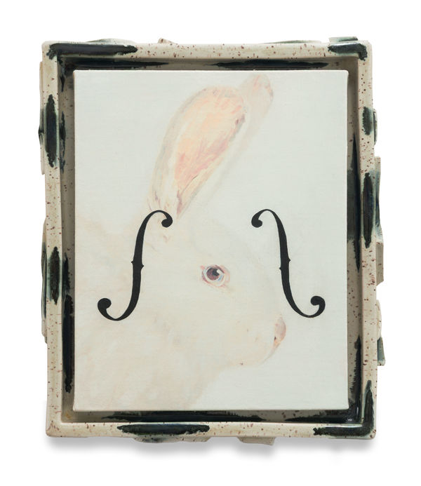 EMILY WEINER Magician’s Assistant, 2025 Oil on linen in stoneware frame 12 x 10 3/8 x 1 1/2 inches 30.5 x 26.4 x 3.8 cm