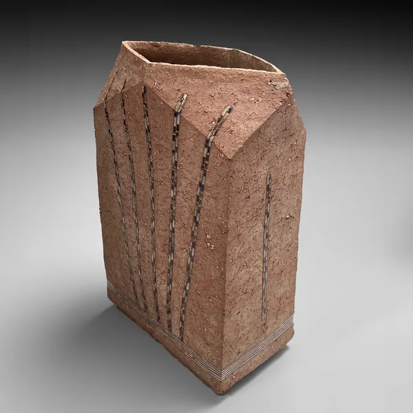 KAMODA SHŌJI, Flattened rectangular vessel decorated with colored, enamel-glazed radiating linear patterns, 1978