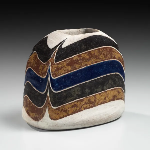 KAMODA SHŌJI, Standing flattened, rounded rectangular vessel decorated with colored, curvaceous bands in light brown, ochre yellow, cream and blue...