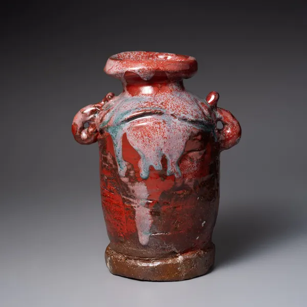 TANAKA SAJIRŌ, Shinsha (copper red) glazed handled vase with raised, flared mouth, 2025