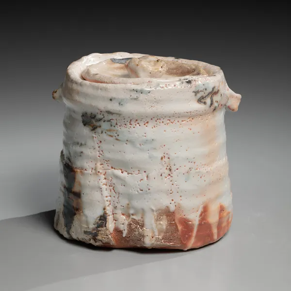 Shino type columnar small-eared mizusashi (waterjar) with thick collar, matching cover and iron-oxide patterning