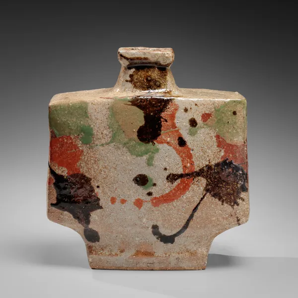 KAWAI KANJIRŌ, Flattened rectangular vessel with raised mouth decorated with sançai glazing, ca. 1960