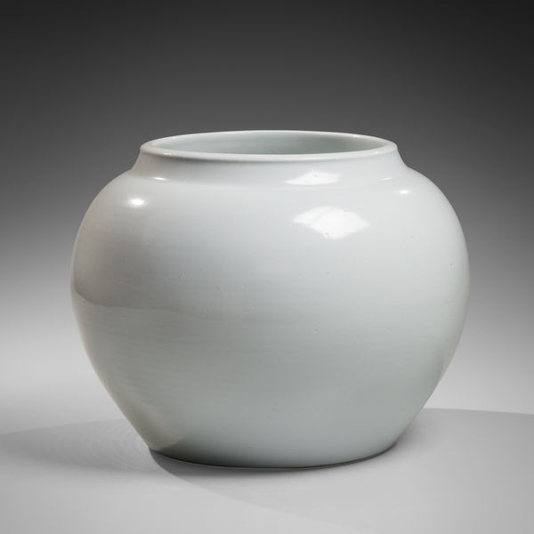 Masterful large round white vessel with raised, wide mouth and soft shoulders