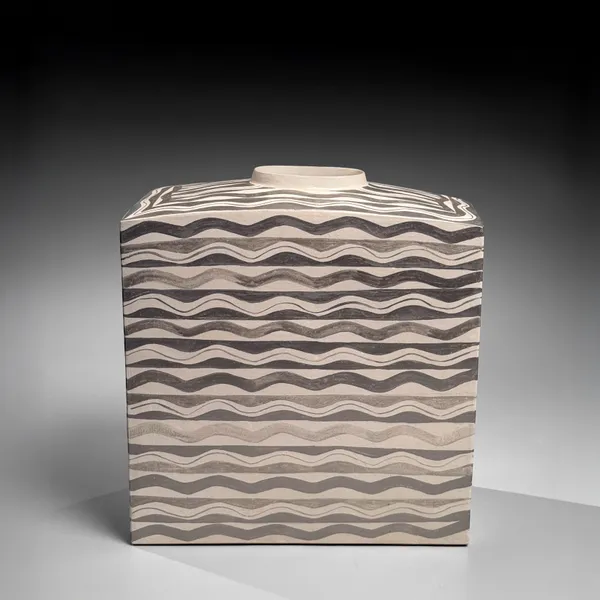 Rectangular vessel with wave-patterned silver glaze