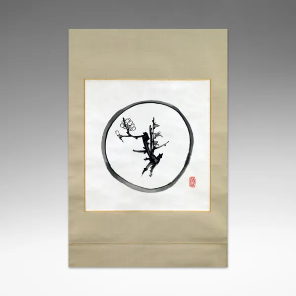 Suibokuga (Ink painting) of a plate with Japanese quince and made into a scroll with ceramic rod