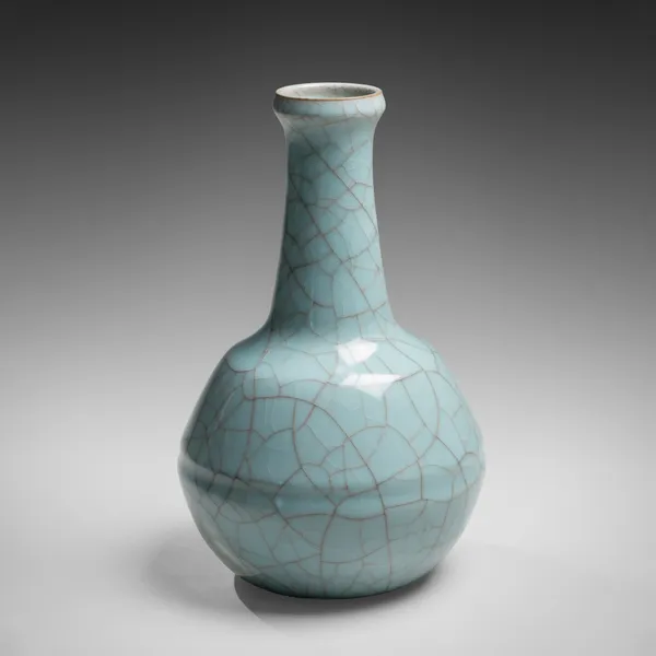 OKABE MINEO, Funseiji fulling block (kinuta)-shaped vessel with pale blue craquelure celadon glaze, ca. 1969