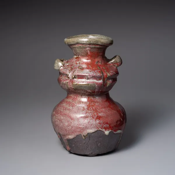 TANAKA SAJIRŌ, Shinsha (copper red) gourd-shaped vase with handles and flaring mouth, 2025
