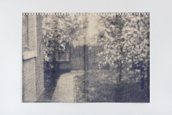 Razvan Anton Fading Study (blossoming trees in the courtyard), 2023 blue ball pen on perforated paper 42 x 60 cm (66.6 x 49.4 x 4 cm framed) Courtesy of GAEP Gallery