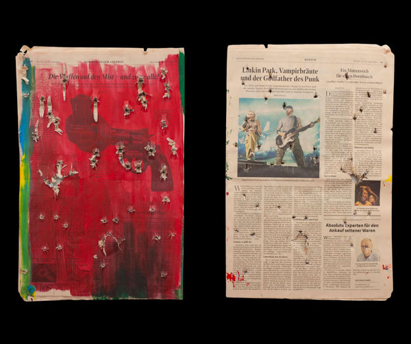 Pavel Brăila Times When News Are Faster Than Bullets, 2024–2025 acrylic on pressed newspapers, perforated with 9 mm bullets 46 x 34 cm Courtesy of Lutnița