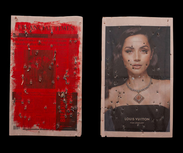 Pavel Brăila Times When News Are Faster Than Bullets, 2024–2025 acrylic on pressed newspapers, perforated with 9 mm bullets 46 x 34 cm Courtesy of Lutnița