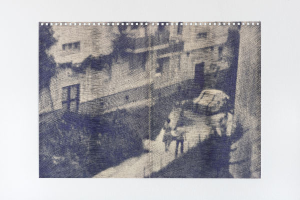 Razvan Anton Fading Study (couple walking outside the block), 2023 blue ball pen on perforated paper 42 x 60 cm (66.6 x 49.4 x 4 cm framed) Courtesy of GAEP Gallery