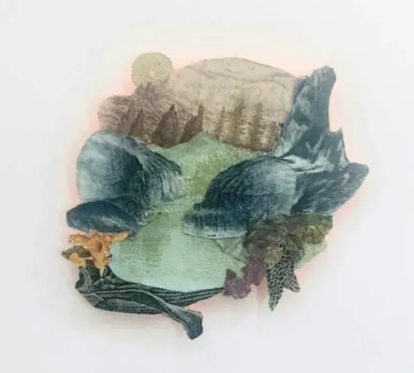 Pam Longobardi, Island of Refuge (green lake yellow flowers)