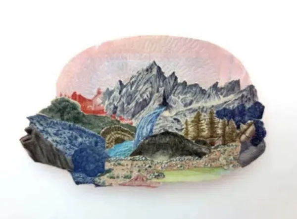 Pam Longobardi, Island of Refuge (pink sunrise black hair mountain)