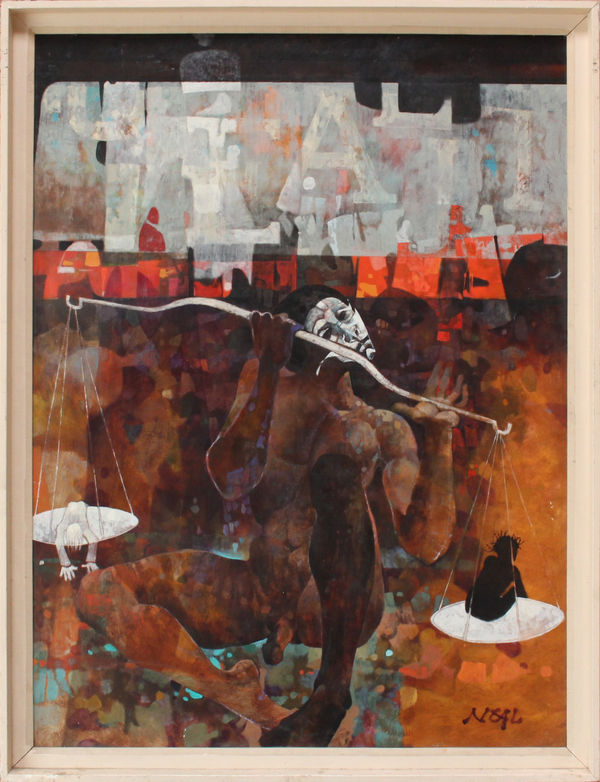 Harold Neal Untitled (Man with Scales) Oil on board 48 x 36 inches