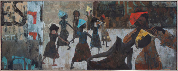 Charles McGee Ring Around the Rosy Oil on board 26 1/2 x 68 in 67.3 x 172.7 cm