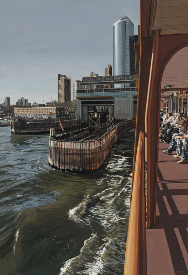 Richard Estes (b. 1932) Staten Island Ferry Docking Manhattan, 2008 Signed and dated at lower right: RICHARD / ESTES.08 Oil on panel 23 ⅛ x 16 inches 58.7 x 40.6 cm