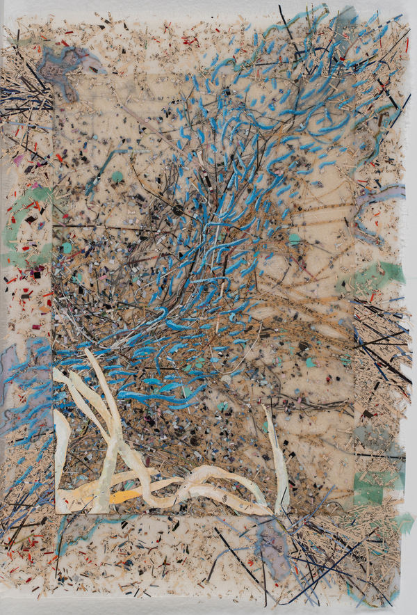 Zoe MacDonell Blue Flame, 2026 Paint, colour pencil on silk with paper 30 x 20cm