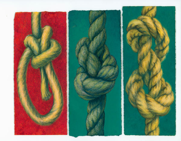 Kim Spooner Nautical Knots III, 2025 Watercolour gouache and conte chalk on cotton paper 21 x 29.7cm (19.5 x 8.4cm each panel)