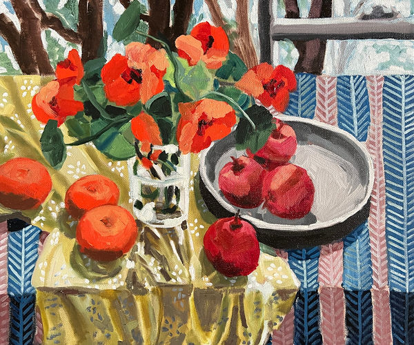 Kate Nielsen Two patterned Tablecloths with Mandarins , 2022 Oil on Linen 63.5 x 53.5cm