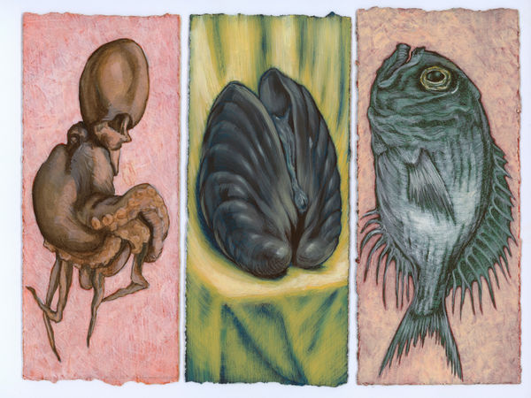 Kim Spooner Let's all go fishing, 2025 Watercolour and gouache on cotton paper 21 x 29.7cm (19.5 x 8.4cm each panel)
