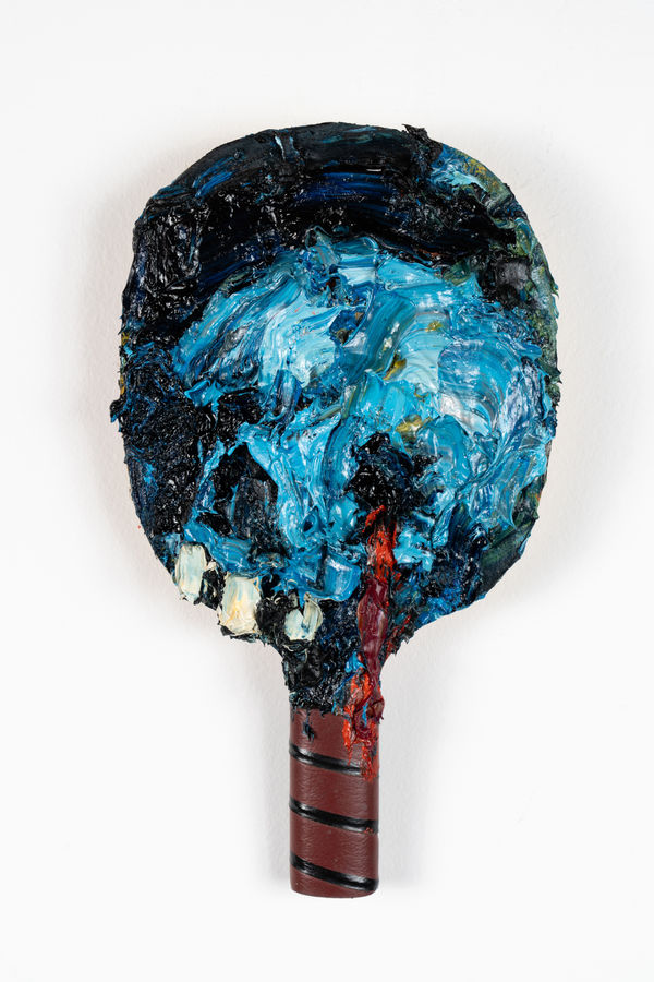 Paul Ryan Blue Pong Skull, 2025 Oil on found ping pong paddle 26 x 15cm