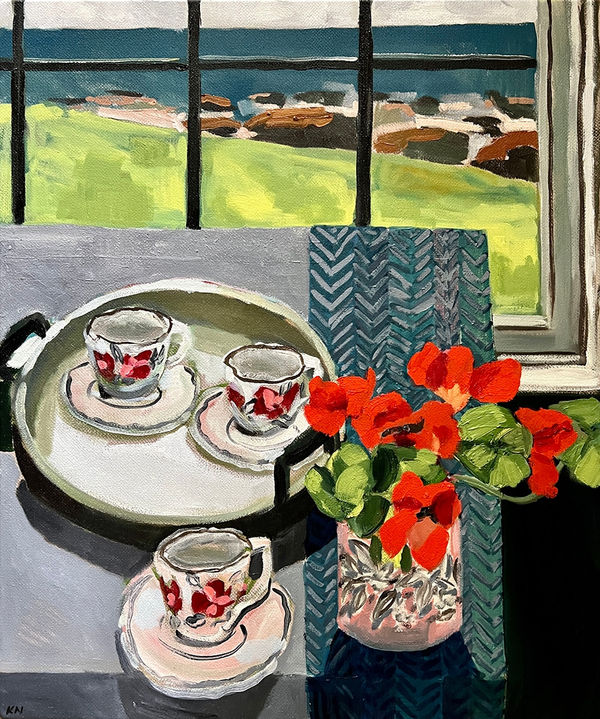 Kate Nielsen Tea Cups with Sea View, Low Head , 2022 Oil on Linen, framed 63.5 x 53.5cm