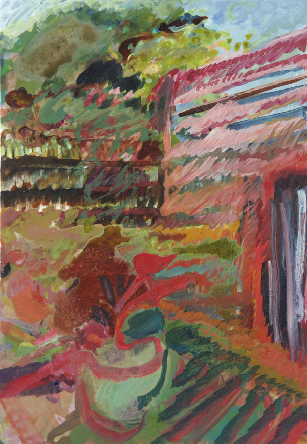 Stephanie Eather Sitting on the pavers at Panorama Drive, 2026 Gouache and acrylic on gessoed panel 30 x 20cm