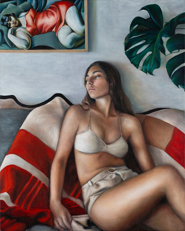 Nicola Higgins Woman on blanket with Tamara de Lempicka, 2024 oil on linen 100 x 80cm