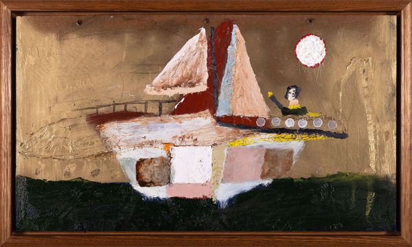 James Drinkwater I am a boat TCOML 1, 2024 Oil on board with ornate frame 49 x 86.5cm