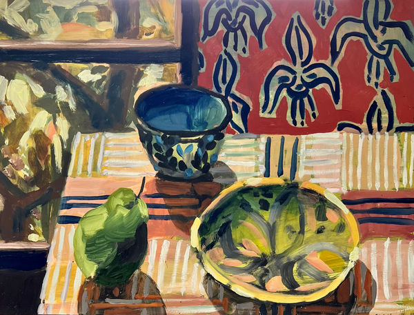 Kate Nielsen Checked cloth with blue bowl, 2023 Oil on Board, framed 30 x40cm