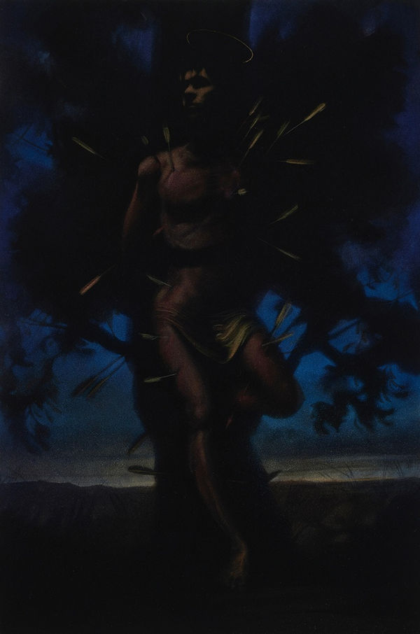 Leslie Rice The Martyrdom of Saint Sebastian, 2022 Acrylic on black velvet 89 x 61cm
