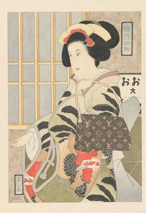 Yoshio Honjo Ryokō-Biyori (Rooster) , 2023 Handmade Kozo paper, Sumi ink, Suihi-enogu (water dried pigment) paper size 48x33cm