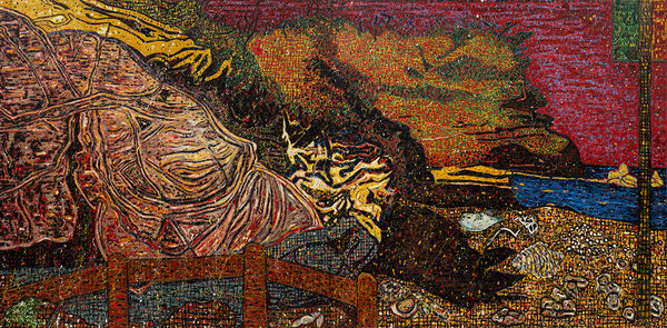 Suzanne Archer Shadows, Wind, Flies and Rock Formations - Stanwell Park Beach, 2023 Oil on canvas 198 x 410cm