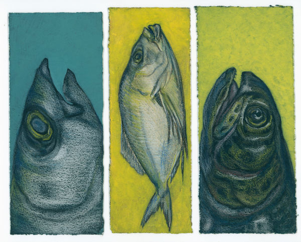 Kim Spooner Fish on Fridays, 2025 Watercolour gouache and conte chalk on cotton paper 21 x 29.7cm (19.5 x 8.4cm each panel)