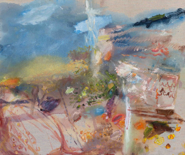 Stephanie Eather Orange trails on white weatherboards; want me to heat up a pie for you too?, 2025 Oil on recycled merino wool 76 x 92cm