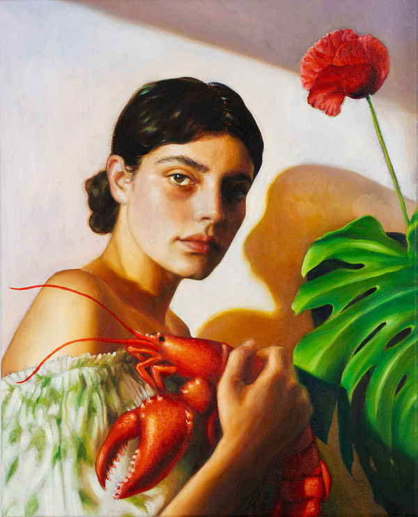 Nicola Higgins Woman with Poppy and Lobster, 2025 Oil on linen 50 x 40cm