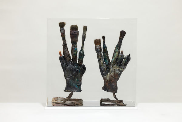 Jody Graham Drawing gloves 1, 2024 Modified gloves, charcoal, pastel, brush