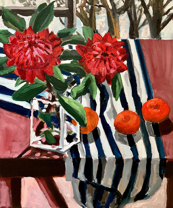 Kate Nielsen Waratahs with Blue Striped Cloth , 2022 Oil on Linen, framed 63.5 x 53.5cm