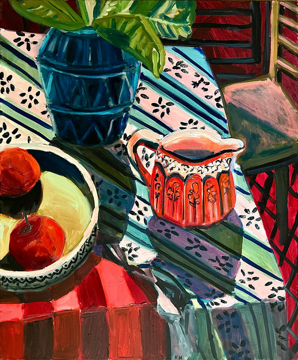 Kate Nielsen Orange Jug with Striped Cloth , 2022 Oil on Linen 63.5 x 53.5cm