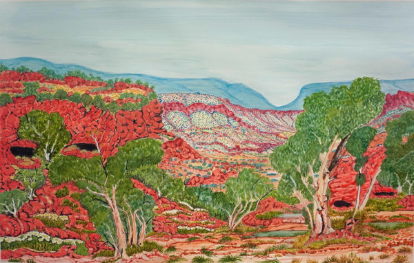 Selma Coulthard Petermann Ranges NT (Cat: 329-22) Watercolour on paper 61 x 96cm image size 93 x 123.5cm framed