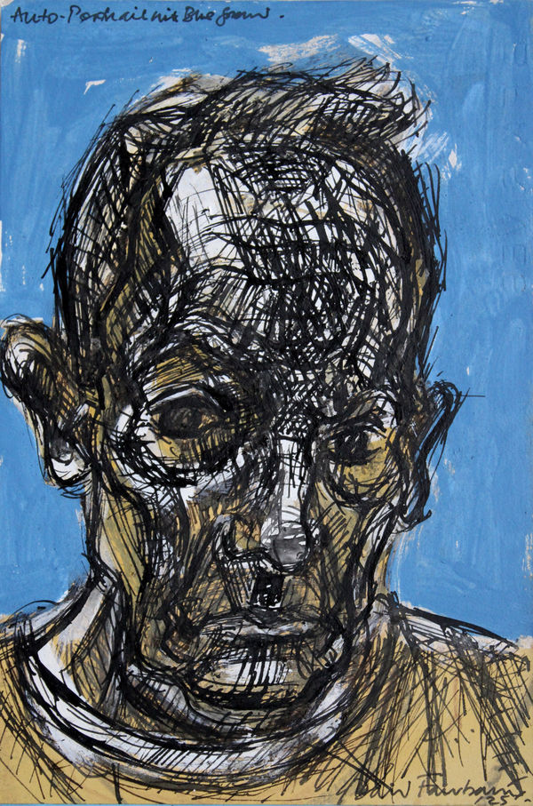 David Fairbairn Study - Auto Portrait with Blue Ground, 2025 Acrylic, gouache, pen, ink and paper on gessoed panel 30 x 20cm