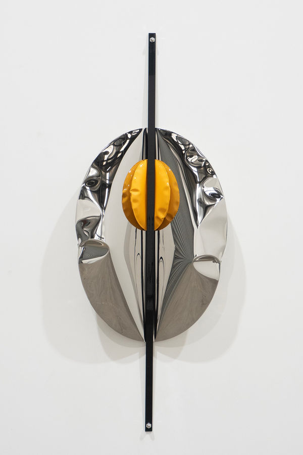 Braddon Snape Act of Suppression (with little resistance), 2023 Welded, cold inflated and mirror polished stainless steel. Welded, cold inflated and painted stainless steel. Painted steel and polished stainless steel hardware. H140cm x W52cm x D13cm