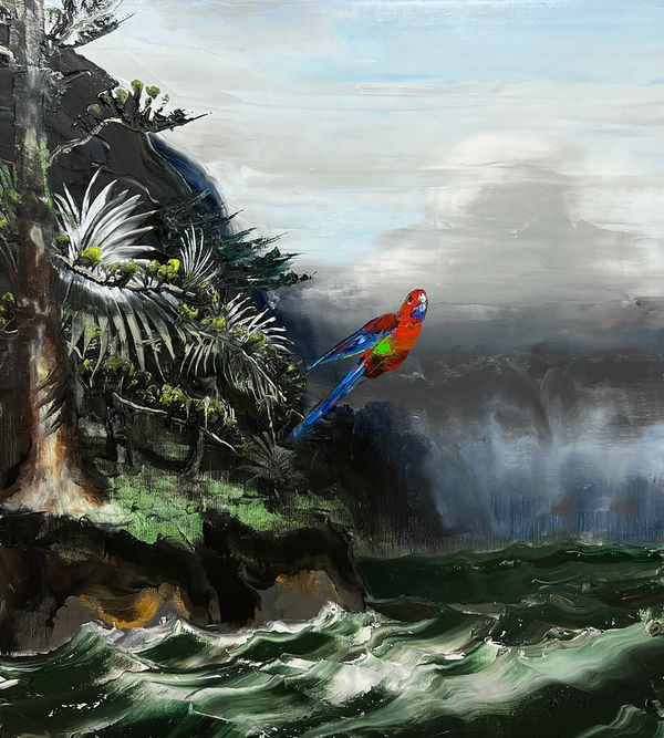 Paul Ryan Rosella and Storm , 2022 Oil on Linen 138 x 122cm