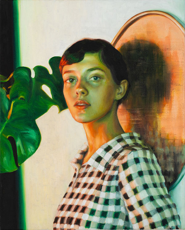Nicola Higgins Study on light and reflection (Woman in Checked Shirt), 2024 oil on linen 50 x 40cm