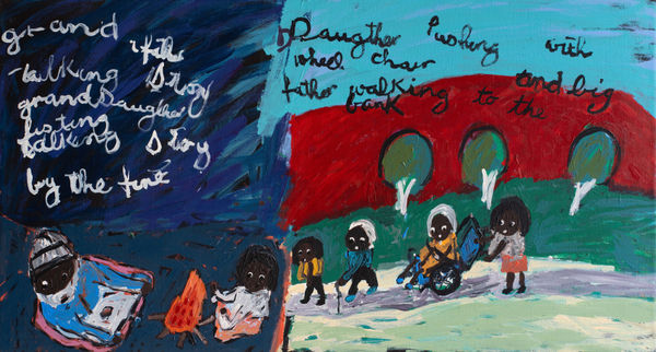 Sally M Nangala Mulda Family Stories (13955-25), 2025 Acrylic on linen 66 x 122cm