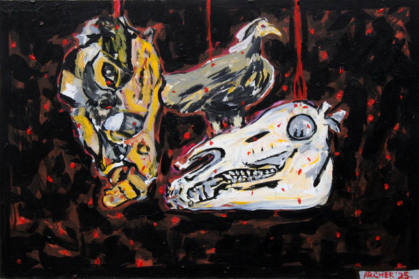 Suzanne Archer Three familliar studio friends, 2025 Acrylic on gessoed panel 20 x 30cm